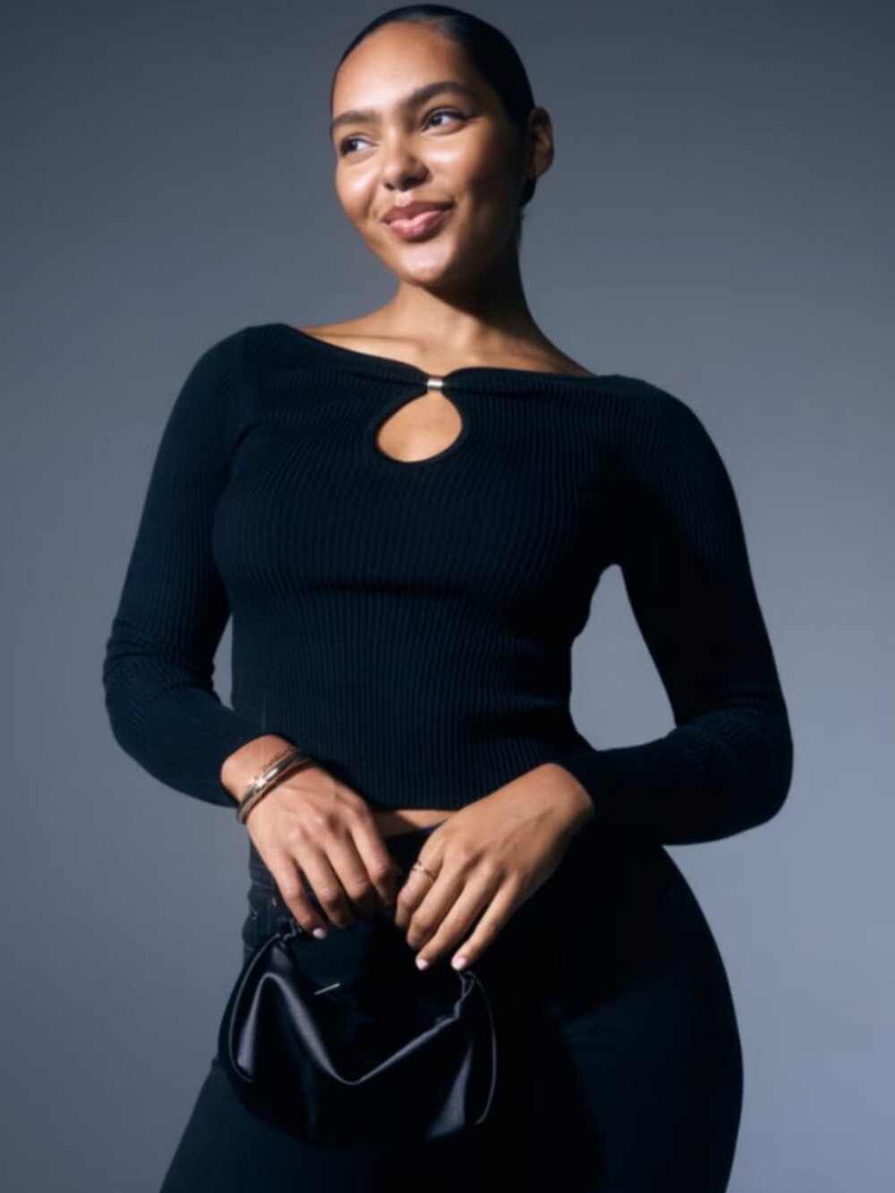 Abercrombie & Fitch Women's Hardware Keyhole Long-Sleeve Sweater Top Black